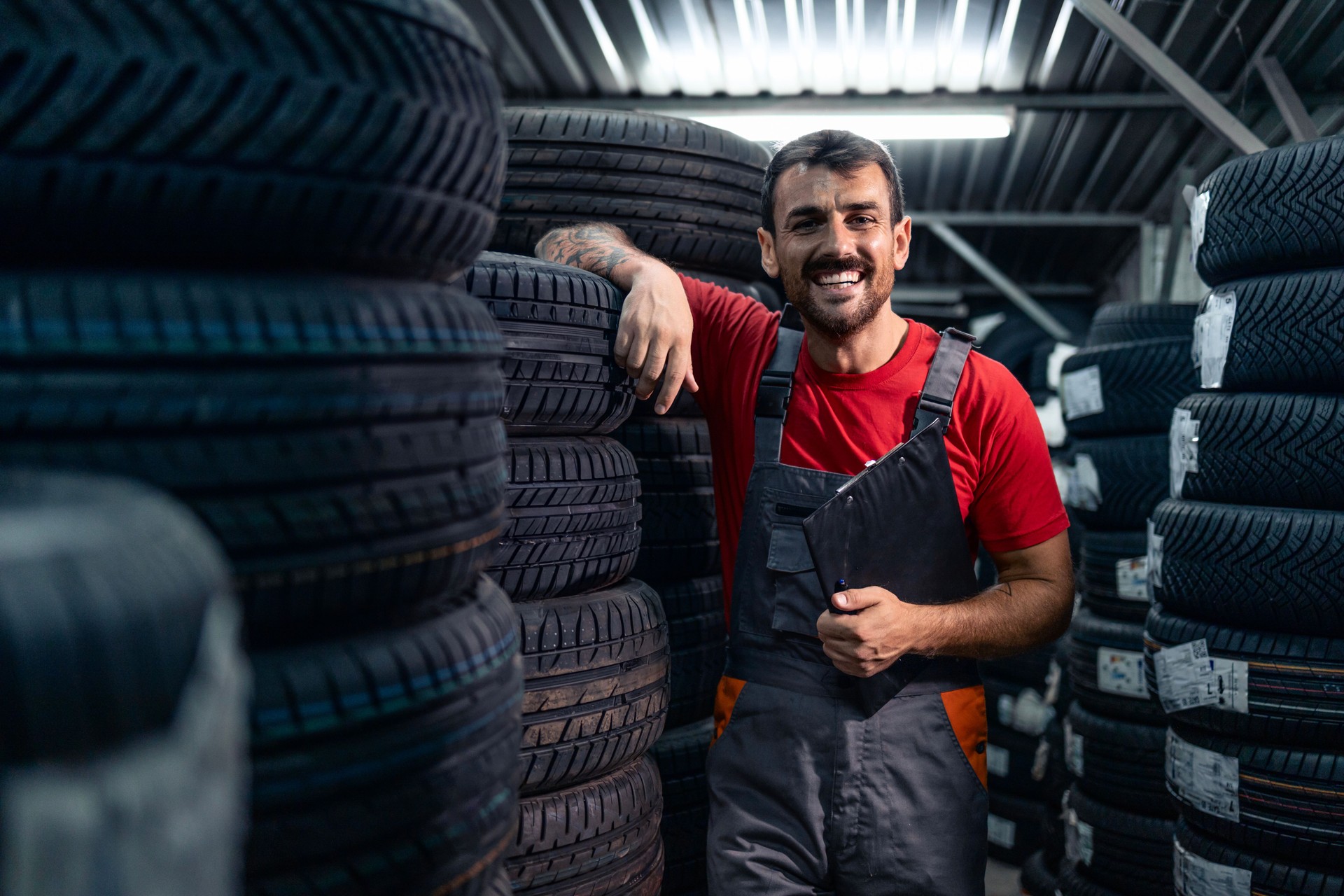 Working in tire warehouse.